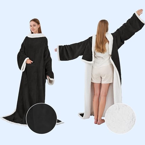Ramees Sherpa Wearable Blanket with Sleeves and Pockets, Soft Warm TV Blanket Throw for Men and Women