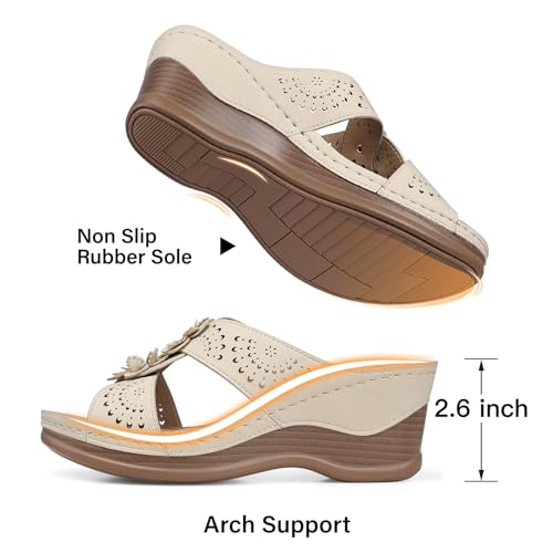 TEMOFON Womens Wedge Sandals Leather: Casual Dressy Women Beige Summer Platform Wedge Sandals Slip on Low Heels Comfortable Walking Size 6