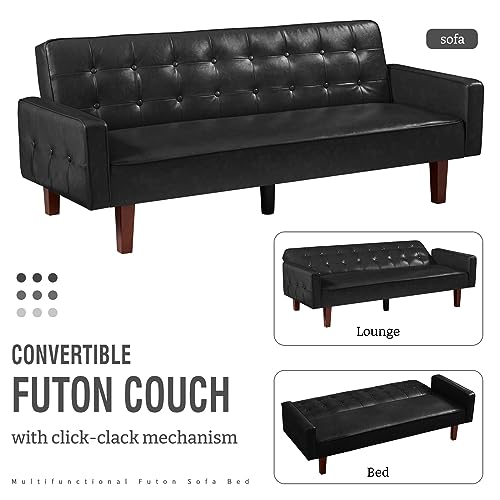 IULULU Futon Sofa Bed, Modern Convertible Faux Leather Sleeper Couch with Armrests for Studio, Office, Apartment, Compact Living, Game Room, Overnight Guests, Brown