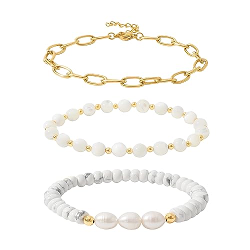 MAMA Bracelet Dainty Gold Crystal Beaded Bracelets Set for Women Stackable 14K Gold Plated Beads Nature Stone Layered Stretch Bracelets Mother's Day Gifts for Mom Grandmom