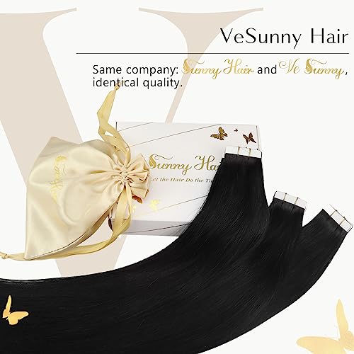 Ve Sunny Tape in Hair Extensions Black Tape in Real Human Hair Extensions #1 Jet Black Tape ins Extensions Human Hair for Girls Black Hair Extensions Silky Straight 20pcs 50g 14inch