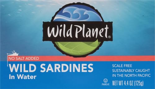 Wild Planet Wild Sardines in Water, No Salt Added, Tinned FIsh, Sustainably Wild-Caught, Non-GMO, Kosher, Gluten Free, Keto and Paleo, 4.4 Ounce, Single Unit