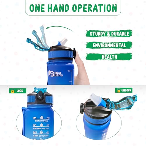 Mint Berry 2 Pack Bundle 20 Oz/Kid Water Bottle with Motivational Time Marker Straw Leakproof BPA Free Reusable Easy Carry Handle Strap For School All Day Drink & Sports Activities (Blue & Grey Black)