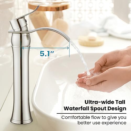 gotonovo Waterfall Vessel Sink Faucet for Sink 1 Hole,Single Handle Tall Bathroom Sink Faucet,Brass Waterfall Bathroom Faucet Arc Body Mixer Tap with Pop Up Drain and Supply Line,Brushed Nickel