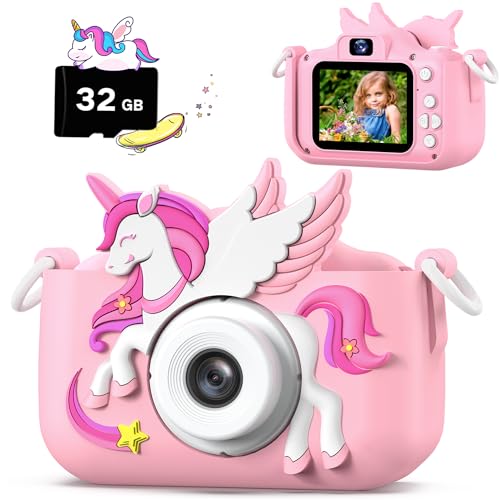 Dinosaur Kids Camera for Boys Girls, Toddler Digital Selfie Camera with Cute Protective Cover and 32G SD Card, Christmas Birthday Gifts Toys for 3 4 5 6 7 8 9 10 11 12 Years Old Little Girls and Boys
