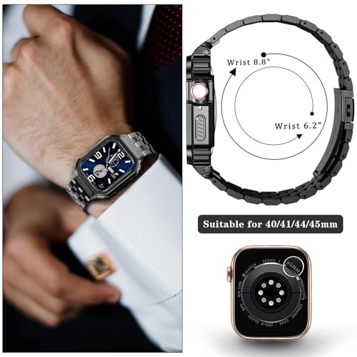 SUPLINK Stainless Steel Case and Band Compatible with Apple Watch Bands 38mm 40mm 41mm,Metal Rugged Cover Bumper Strap for iWatch Apple Watch Series 9 8 7 6 5 4 3 2 1 SE Men Women Black