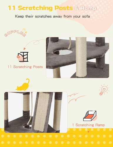 Small Cat Tree Tower, 27.5" Tall Natural Sisal Cat Tree, Double Base Cat Scratching Post with Cat Self Groomer Brush, Soft Plush Cat Perch Bed with Dangling Ball for Indoor Kittens, Colorful Cat Tree