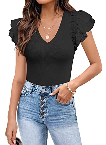 MISSJOY Women‘s Summer Casual Ruffle Short V Neck Stretchy T Shirt Thong Bodysuits Tops Royal Blue L