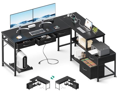AODK L Shaped Computer Desk with Fabric Drawers and File Cabinet, 53" Reversible Home Office Workstation Desk with Power Outlets & Host Stand, Corner Gaming Table with Storage Shelves, Black
