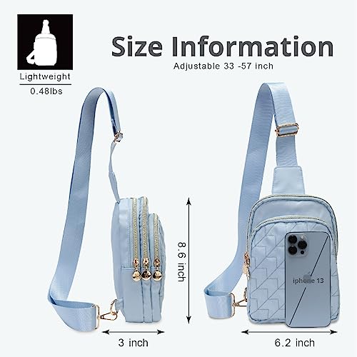 Bunnychill Small Crossbody Sling Bags for Women Men, 3 Zipper Pocket Cell Phone Purse Fanny Packs for Women Men,Daypack Sport Chest Satchel (Baby Blue)