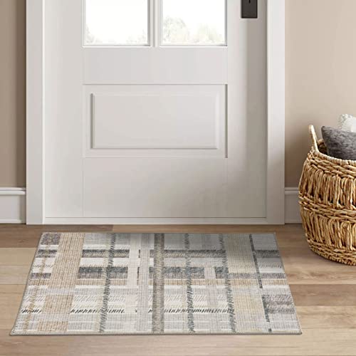 DECOMALL NELE Washable Door Mat 2x3, Modern Plaid Non-Slip Small Rugs for Entrance, Yellow 24x36 inch