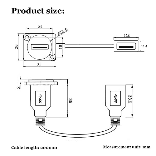 PENGLIN USB 3.0 Panel Mount Adapter, USB 3.0 Short Cable Panel Socket,USB A Female to Female Outlet Panel Connector Extension Cable 25CM/9.8Inch