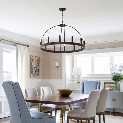 HHR Black and Gold Wagon Wheel Chandelier 12-Light 32 Inch, Extra Large Round Rustic Candle Pendant Light Fixture for High Ceilings, Dining Room Living Room Farmhouse Foyer Entryway