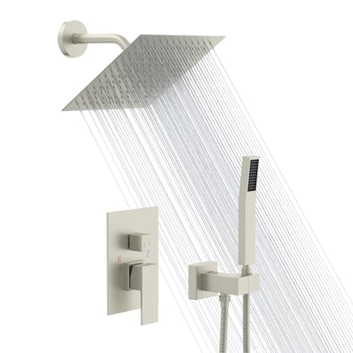 Lordear Rain Shower System 8 Inch Shower Head,Wall Mounted Shower Faucet Set Brushed Nickel Finish Stainless Steel Shower Head and Handheld, Brass Main Body Shower Valve Included