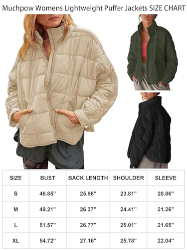 Muchpow Women's Lightweight Down Coat Long Sleeve Full Zipper Oversized Packable Short Puffer Jackets(Army Green,Small)
