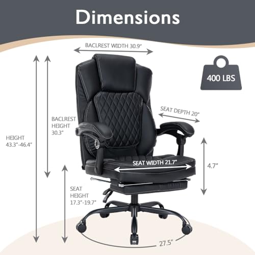 Ergonomic Office Chair with Footrest, Executive Chair PU Leather Computer Chair, Reclining Desk Chair with Leg Rest, Coil Spring Thick Cushion, Big and Tall Chair 400 lbs Capacity | Black