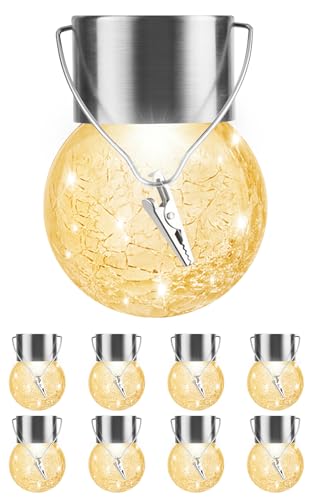 Solar Lights Outdoor Hanging Decorative Globe 8 Pack, Waterproof Solar Lantern with Handle and Clip, Solar Powered Glass Ball Lights for Garden Yard Fence Tree Umbrella Holiday Décor, Warm White