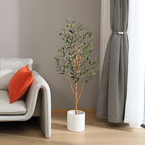 Kazeila Artificial Olive Tree 5FT Tall Faux Silk Plant for Home Office Decor Indoor Fake Potted Tree with Natural Wood Trunk and Lifelike Fruits