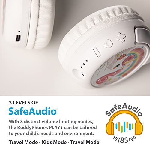 BuddyPhones Play+, Wireless Bluetooth Volume-limiting Kids Headphones, 75-85-94dB, 20-Hours Battery Life, Built-in Microphone, On-Ear Headset for School or Travel, Perfect for iPad, Tablet, CoolBlue