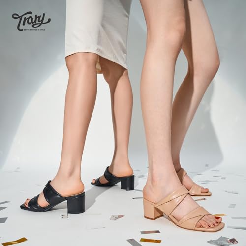 Trary Black Heels for Women,Strappy Sandals for Women Dressy Square Open Toe Block Chunky Mule Heels Confortable Size 11