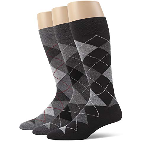 u&i socks Men's Argyle Dress Socks, Combed Cotton, Shoes Size 6-12, Black Grey Mix, Pack of 3