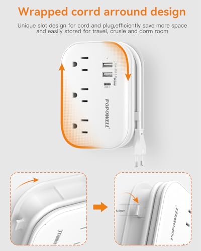 European Travel Plug Adapter,Travel Power Strip with 3 Outlets & 3 USB(3.4A), Type C US to EU Plug Adapter, International Plug Adapter with 3 FT Extension Cord for Germany Italy Spain France White.