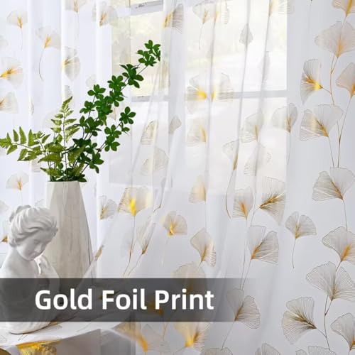 youleyar Silver Foil Print Voile Sheer Curtains,Wicker Grommet Top Window Drapes 63 Inches Long, Luxury Metallic Bronzing Treatment Panels for Home Window Decoration, 2 Panels