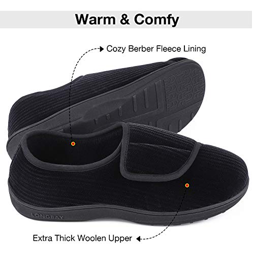 LongBay Men's Memory Foam Diabetic Slippers Comfy Warm Plush Fleece Arthritis Edema Swollen House Shoes (8, Black)