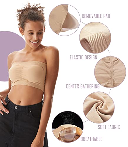 PUREMSX Padded Tube Bra Women, Strapless Bandeau Basic Breathable Wireless Spandex Stretch Sleep Bando Bra,Small,2 Pack,Black,Beige