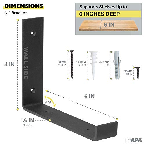 Ilyapa Heavy Duty Floating Shelf Brackets, 4 Pack - 4x6 Inch Black Metal Shelf Holders for Wall Mount Shelves