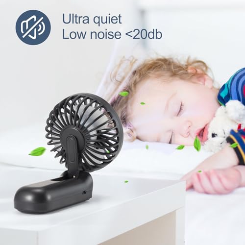 Leimaq Handheld Mini Fan, Handheld/Neck/Desk 3 in 1 Small Portable Fan USB Rechargeable, 3000mAh Battery Operated Fan with LED Display, 180° Foldable Fan with 5 Speed Wind (Black)