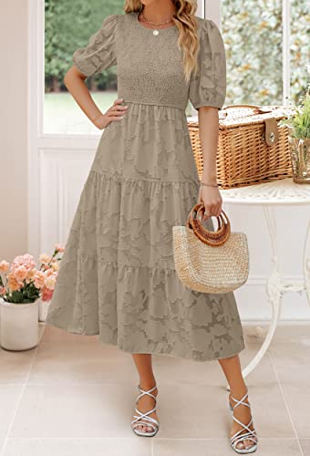 ZESICA Women's 2024 Summer Short Puff Sleeve Crewneck Smocked Floral Lace Flowy A Line Tiered Maxi Dresses,Red,Medium