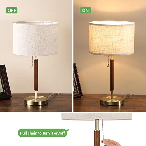 EDISHINE Mid Century Table Lamp, Bedside Lamp with Pull Chain Switch, Solid Wood & Metal Pole, Modern Nightstand Table Lamp for Living Room, Bedroom, Office, Frosted Bronze & Wood Finish