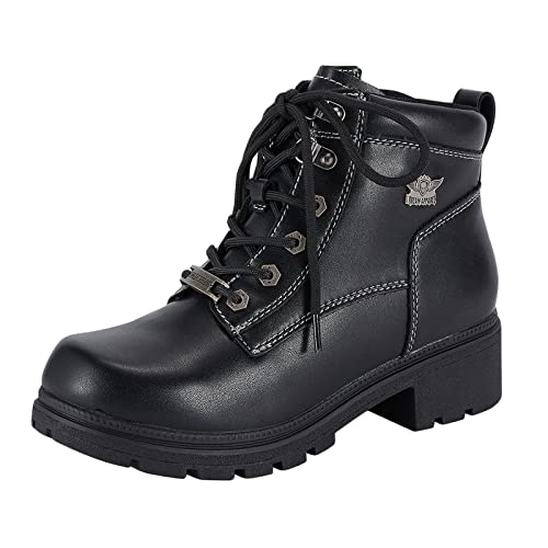 Dream Apparel Womens Lace Up Motorcycle Riding Boots with Side Zipper, Black Faux Leather Ankle Booties Biker Boots, Military Combat Booties for Ladies with Low Heel, 11