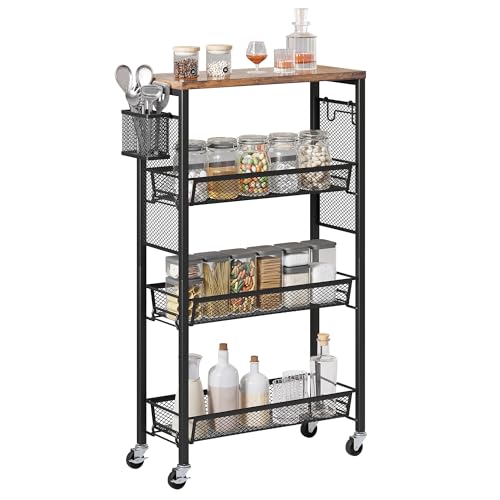 YITAHOME 4-Tier Slim Kitchen Storage Cart, Rolling Spice Rack Next to Fridge, 7.3“ Inch Deep Kitchen Trolley with Wheels, Wood Tabletop & Wire Mesh Baskets, Mobile Narrow Shelf, Black