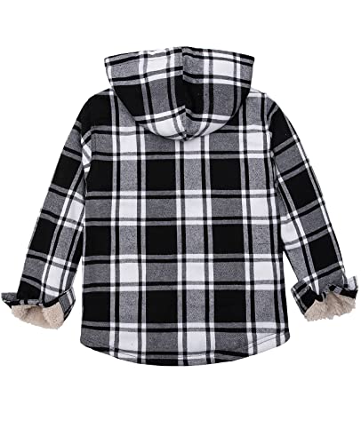 ZENTHACE Girls Sherpa Fleece Fall Winter Flannel Jacket Kids Buffalo Plaid Flannel Shirt Hoodie Zip Up Sweatshirt Black White S Size 5-6