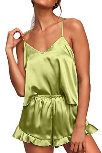 CHYRII Women's Sexy Silk Satin PJS Racerback Cami Tops and Ruffled Hem Shorts 2 PCS Pajamas Sets Nightwear Red S