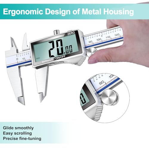 Kynup Digital Caliper, Caliper Measuring Tool with Large LCD Screen, Micrometer Caliper, Stainless Steel, Screen Splash Proof, Easy Switch from Inch Metric Fraction (6 Inch)