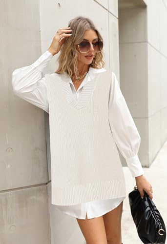 Viottiset Women's Oversized Sweater Vest V Neck Tunic Sleeveless Pullover Knit Top Checkered Light Blue M