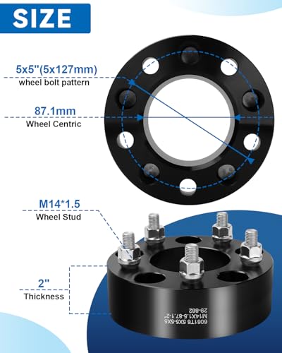 4PCS 5x5 Wheel Spacers 2 inch, 5x127 Black Wheel spacers 87.1mm Hub Bore with 14x1.5 Studs, Replacement for C1500 Suburban Yukon Tahoe