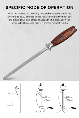 TUO Honing Steel for All Kitchen Knives Daily Sharpening Maintenance - High Carbon German Stainless Steel with Pakkawood Handle - 9-inch Sharpening Rod with Case - Fiery Phoenix Series