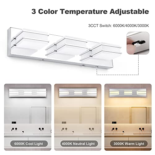 3 Color Temperature Dimmable Bathroom Light Fixtures over Mirror, LED Chrome 3 Light Vanity Lighting Fixtures, Acrylic Stainless Steel Square Shade Vanity Lights for Bathroom, ETL Certificated