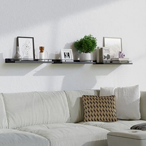 WOPITUES Floating Shelves with Black Metal Guardrail, Shelves for Wall Decor Set of 3, Wall Shelves for Bedroom, Bathroom, Kitchen, Living Room, Plants, Picture Frames, Art- Black