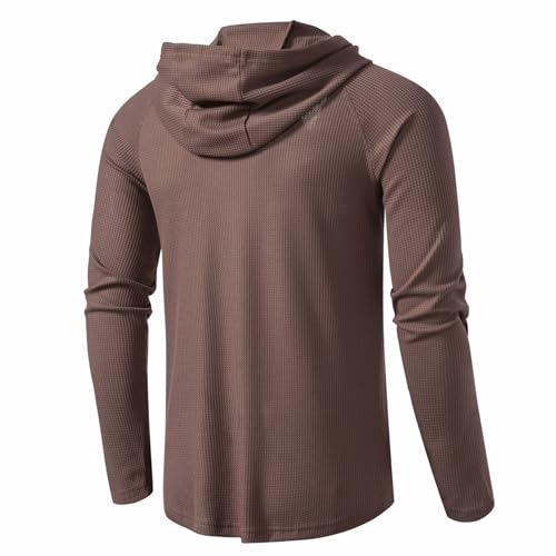 DELCARINO Men's Causal Pullover Hoodie Lightweight Solid Color Hooded Sweatshirt Tops Long Sleeve Waffle-Knit Henley Shirt (Small, Brown)