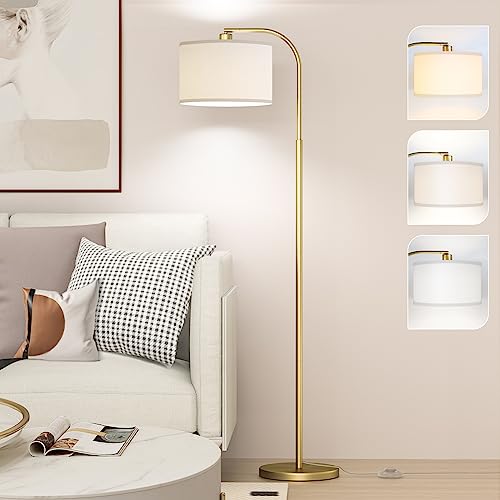 CNXIN Arc Floor Lamps for Living Room with 3 Color Temperatures, Modern Floor Lamp Reading Light with 9W Bulb Included, Standing Lamp with Adjustable White Hanging Lampshade for Bedroom Office(Gold)
