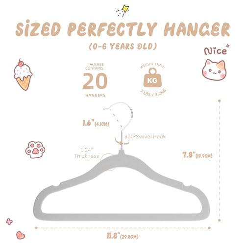 VILICK Baby Hangers for Closet, Kids Velvet Hangers 20 Pack, Non-Slip Toddler Felt Hangers for Infant Baby Clothes, Pants, Shirts & Dresses, Space Saving Small Children Hangers (20 Packs, Grey)