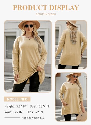 Eytino Womens Plus Size Crewneck Tunic Shirt Casual Long Sleeve Solid Color Sweatshirts Oversized Tops with Pockets,2X Violet