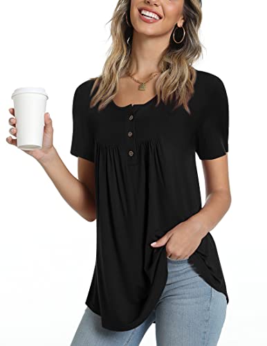 POPYOUNG Women's 2024 Summer Short Sleeve Tunic Tops Spring Casual Henley Shirt Loose Blouses M, Macaron Flower And Grass