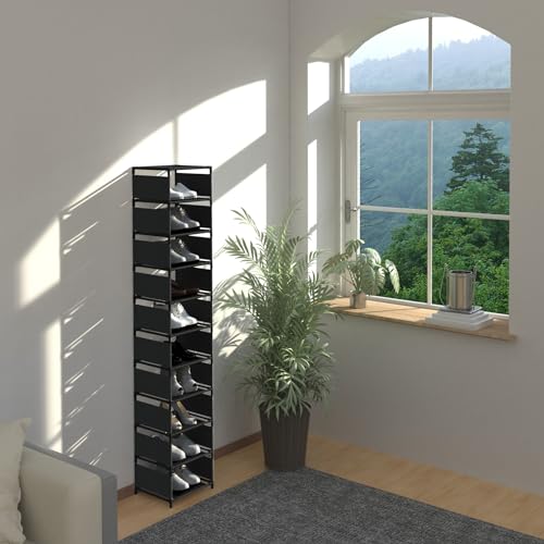 Vertical Narrow Tall Shoe Rack for front Door Entrance,10 Tiers Sturdy Metal Shoe Rack Organizer for Closet Entryway, 10-15 Pairs of Shoes and Boots Storage Shelf, Space Saving Stackable Shoe Rack