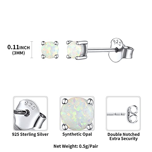 ChicSilver Opal Earrings White Gold Plated Sterling Silver Round Cut Created White Opal Stud Earrings for Women 3mm October Birthstone Small Cute Opal Jewelry
